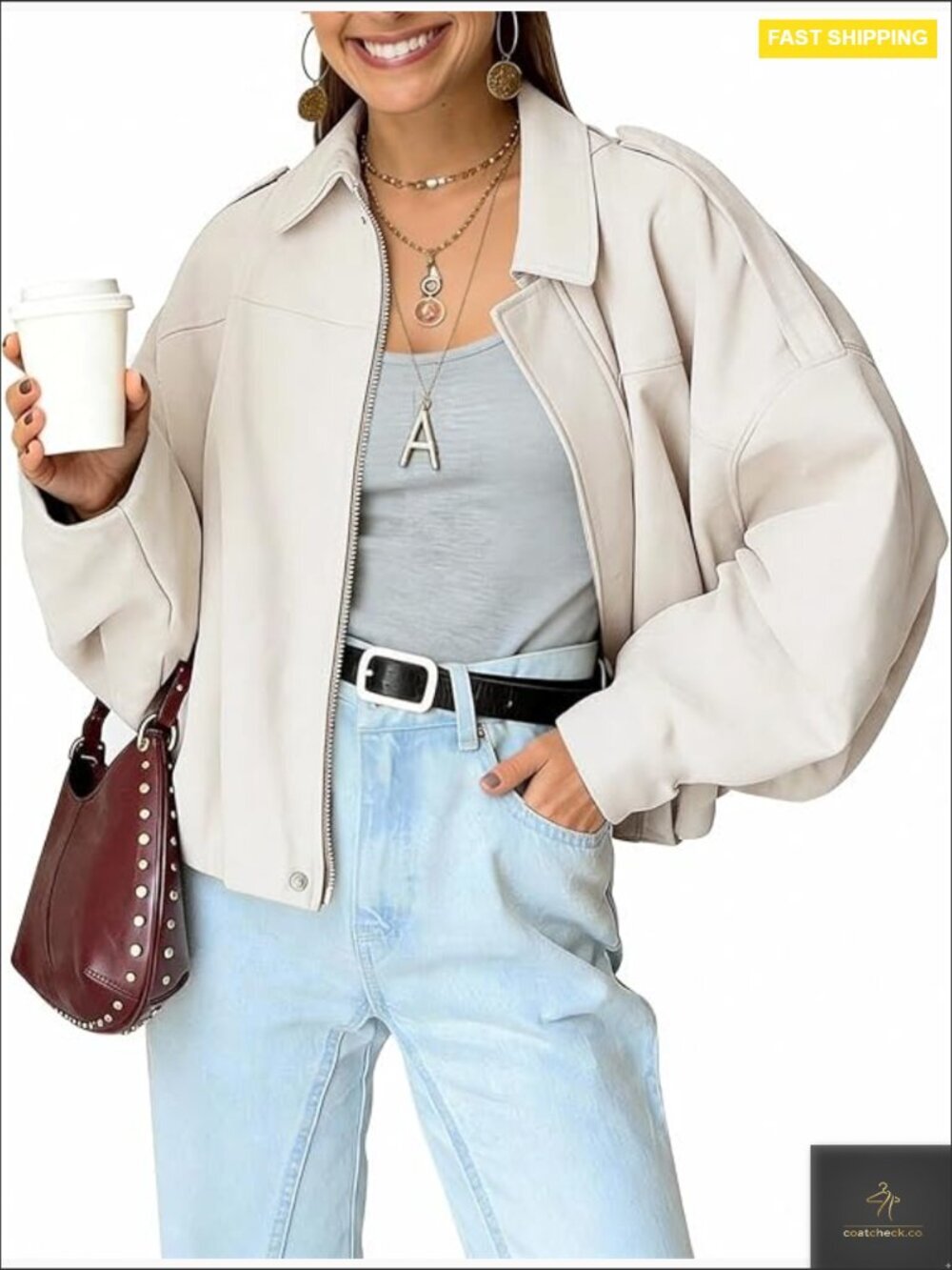 Faux Suede Bomber Jacket Oversized Batwing Long Sleeve Zip Up Cropped Streetwear